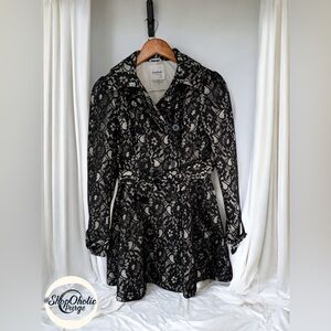 Bebe Black Lace Trench Coat XS Double Breasted Belted jacket coat